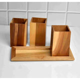3 Container Teak Wood Desk Organizer Office Pen/Pencil Cutlery Spoon Holder