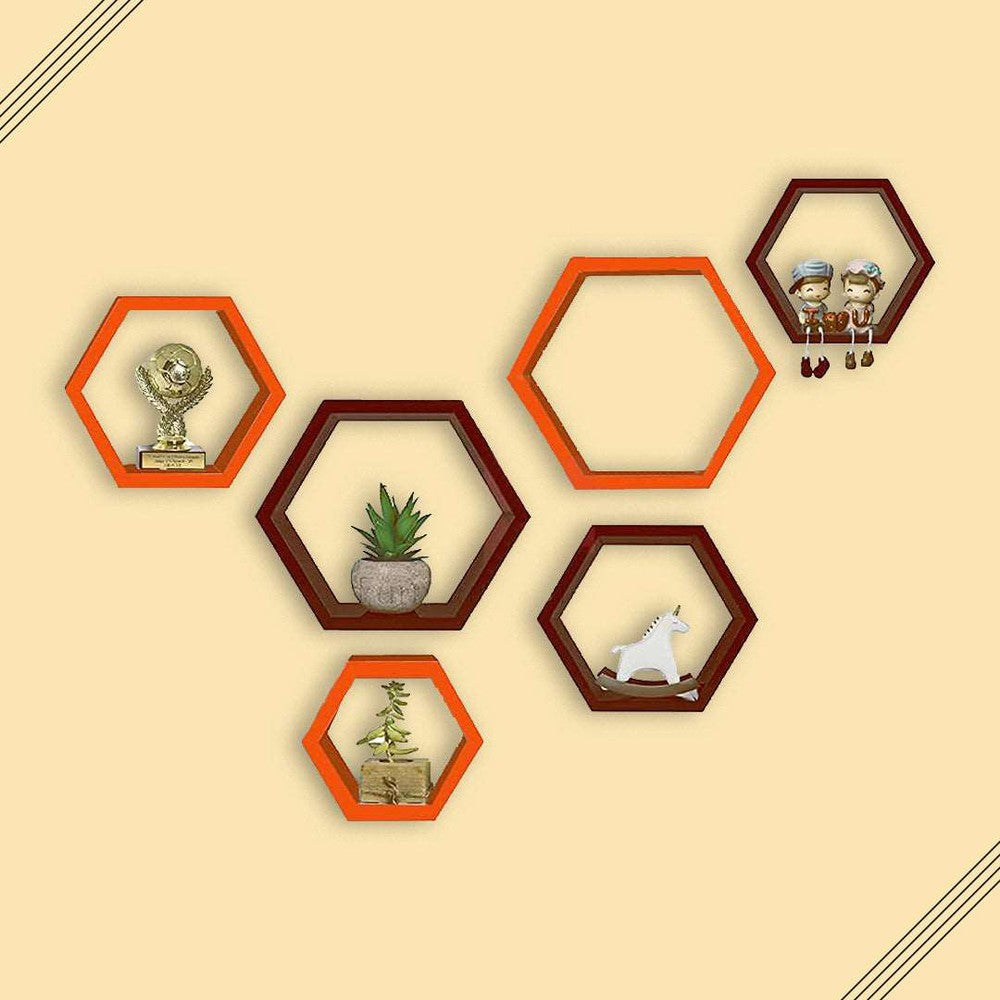Hexagon Designer Storage Shelf, Set of 6 (Orange and Brown) - Decorlay