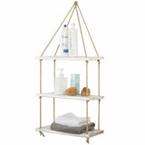 Multi Layer Solid Wood Handmade Macrame 3 Tiered Rope Hanging Wall Shelves - Decorlay