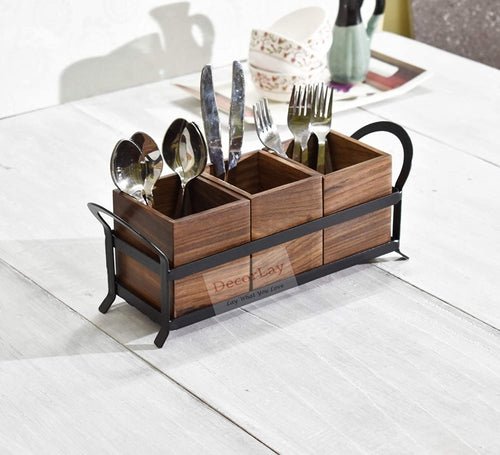 Sheesham Wood Cutlery Holder for Kitchen With 3 Contenment - Decorlay