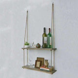 Solid Wood Handmade Macrame 2 Tiered Rope Hanging Wall Shelves - Decorlay