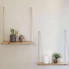 Solid Woodem Handmade Macrame Rope Hanging Wall shelves Set of 2 - Decorlay