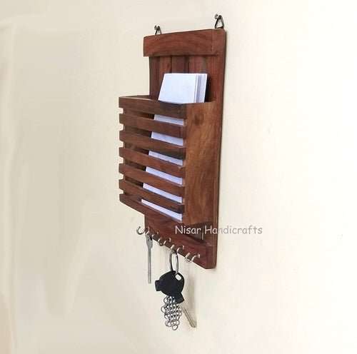 Wooden Sheesham Letter Rack Cum Key Holder 15 x 5 x 25 cm - Decorlay