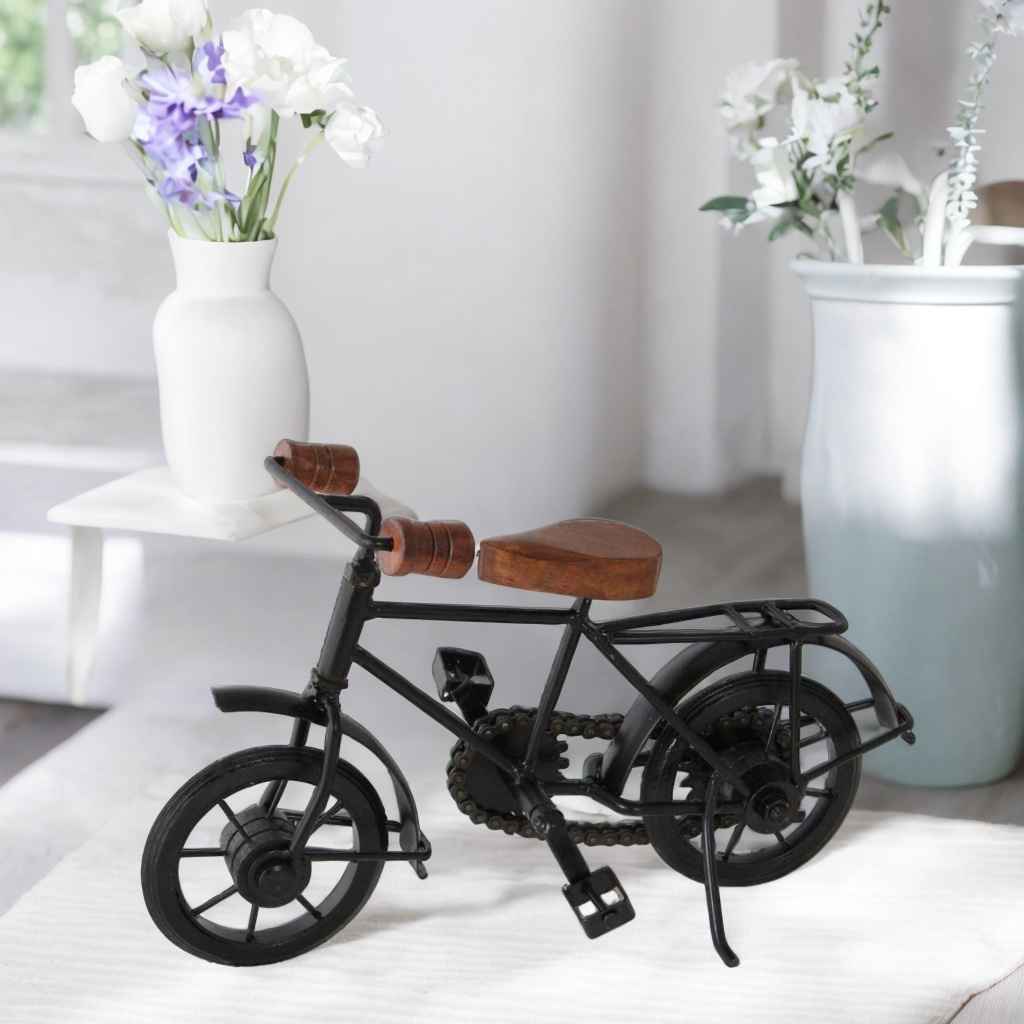 Wooden and Wrought Iron, Small Miniature Cycle-Bicycle  (9x7x3 inch, Black)