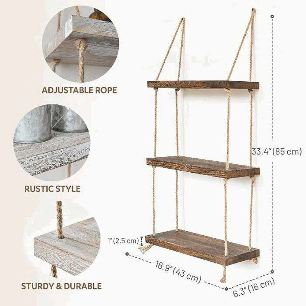 3 Tier Wooden Handmade Wall Hanging Rope Shelves For Multiuses - Decorlay