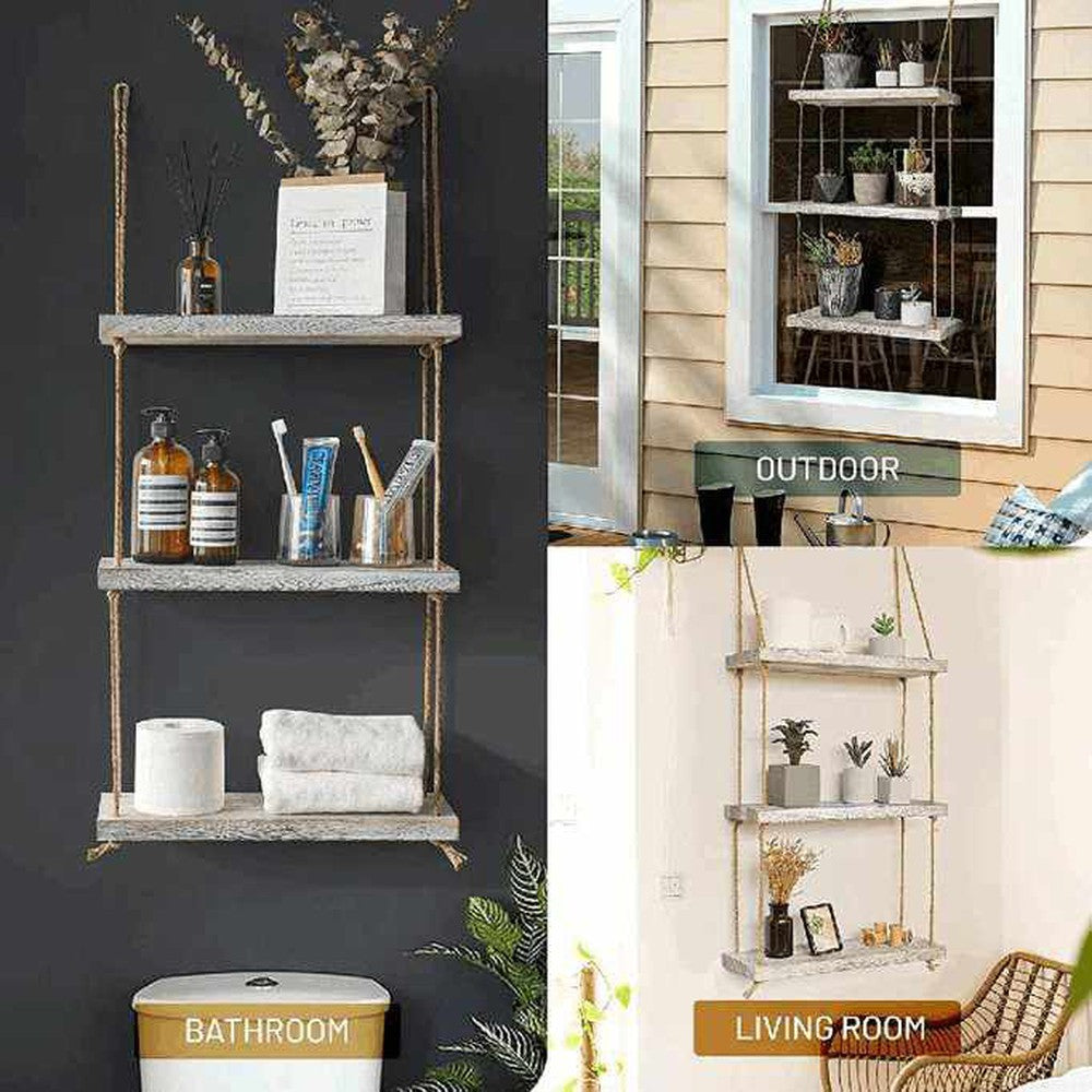 3 Tier Wooden Handmade Wall Hanging Rope Shelves For Multiuses - Decorlay