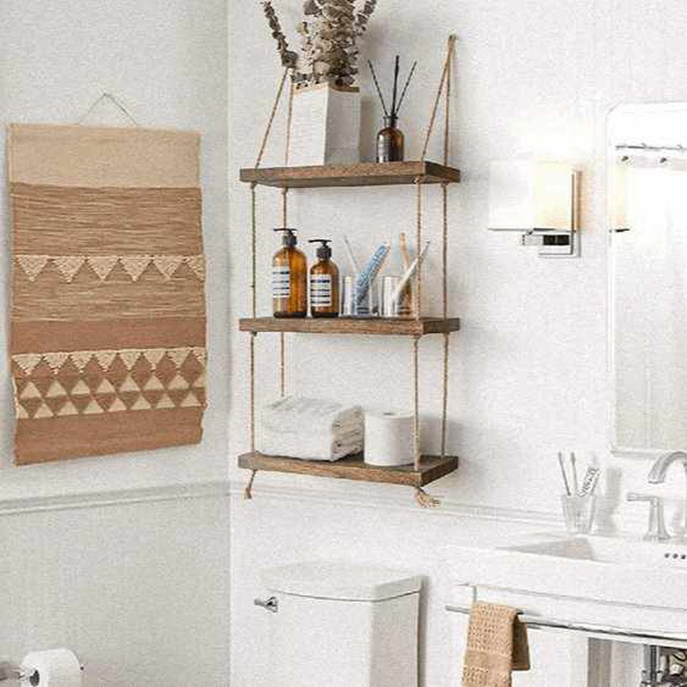 3 Tier Wooden Handmade Wall Hanging Rope Shelves For Multiuses - Decorlay