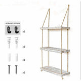 3 Tier Wooden Handmade Wall Hanging Rope Shelves For Multiuses - Decorlay