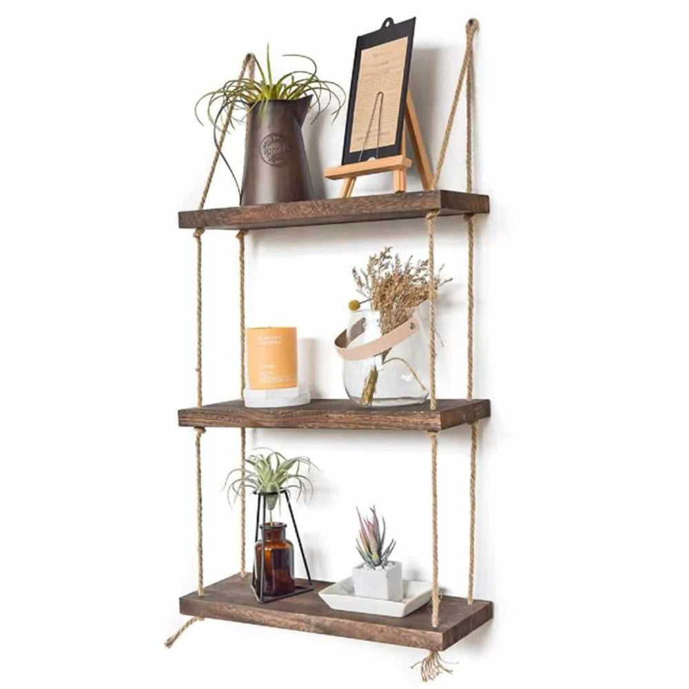 3 Tier Wooden Handmade Wall Hanging Rope Shelves For Multiuses - Decorlay