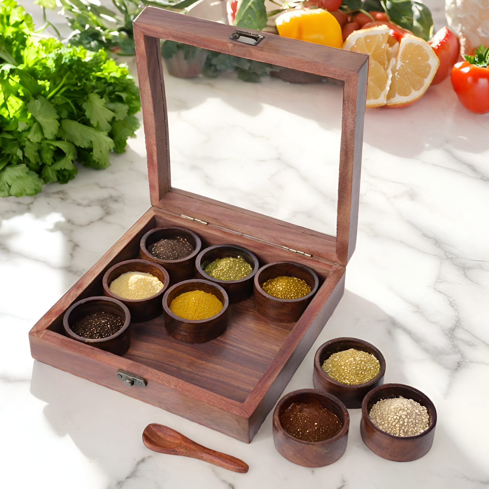 Wooden Spice Box with Spoon in Sheesham Wood for Kitchen 9 Containers