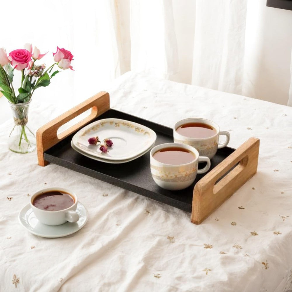 Wood & Iron Serving Tray Snacks Breakfast Coffee Platter