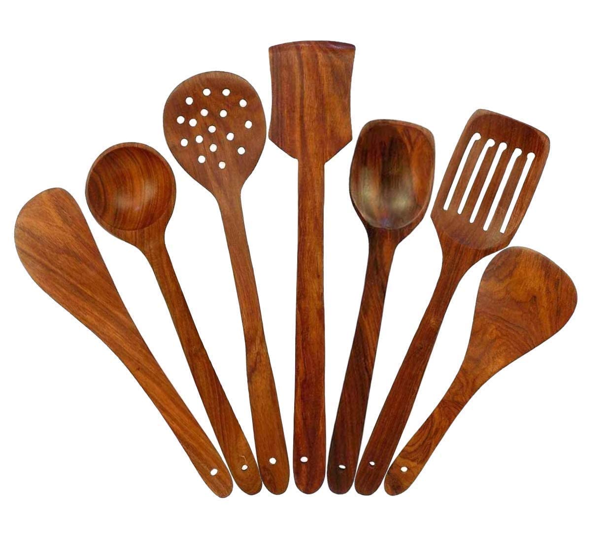 Non-Stick Wooden Natural Cooking and Serving Spoon Set of 7