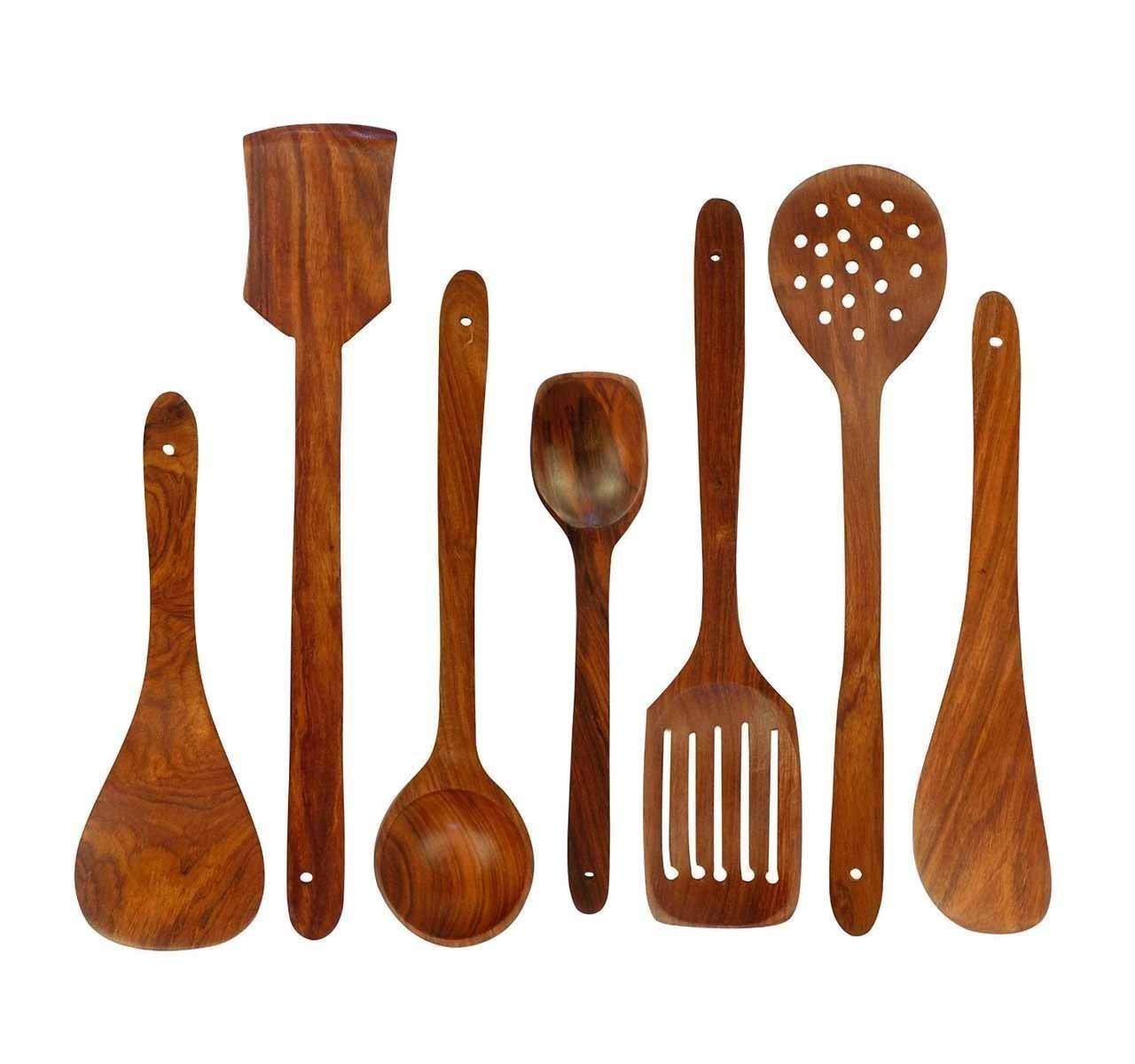 Non-Stick Wooden Natural Cooking and Serving Spoon Set of 7