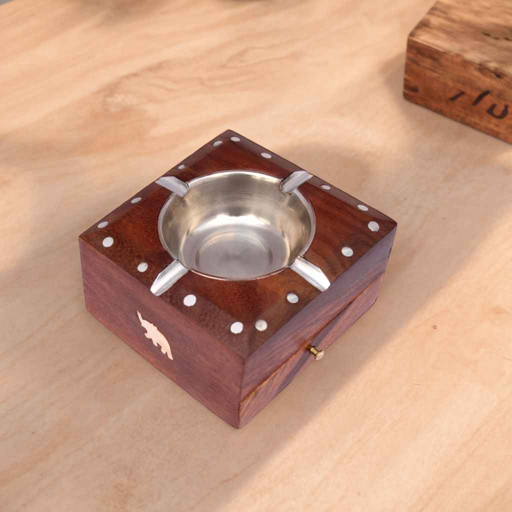 Wooden Ashtray with Cigarette Stand Uses in House/Office 11.5 x 13 x 6 cm