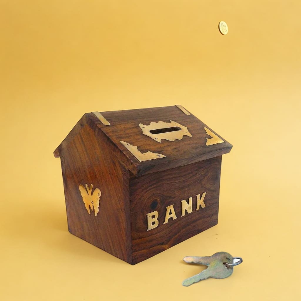 Hut Shape Wooden Money Box with Lock Piggy Bank Coin Box