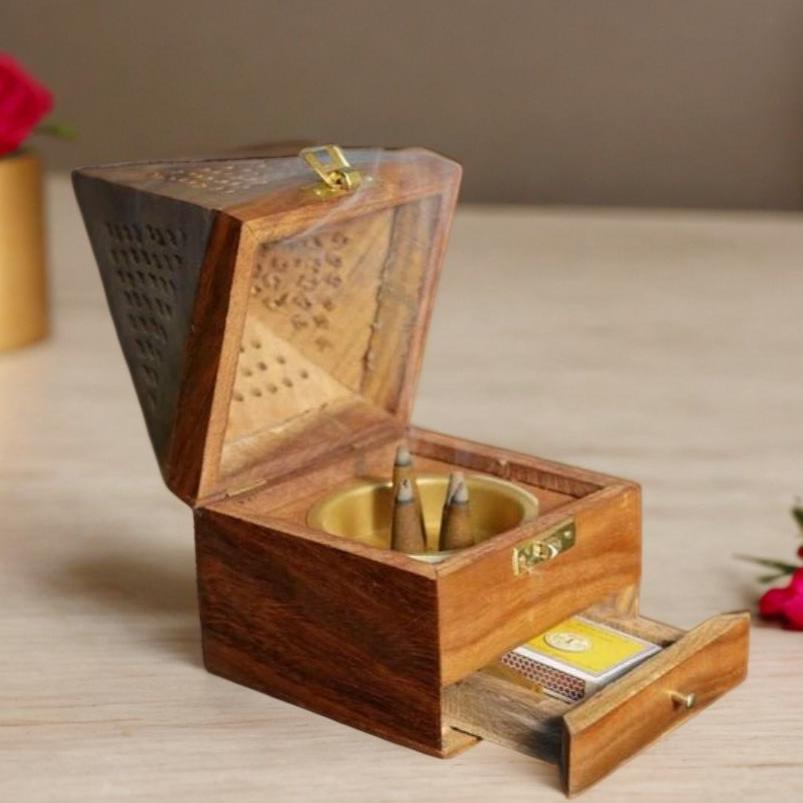 Handmade Sheesham Wooden Incense Box Holder/Dhoop Stand Ash Catcher