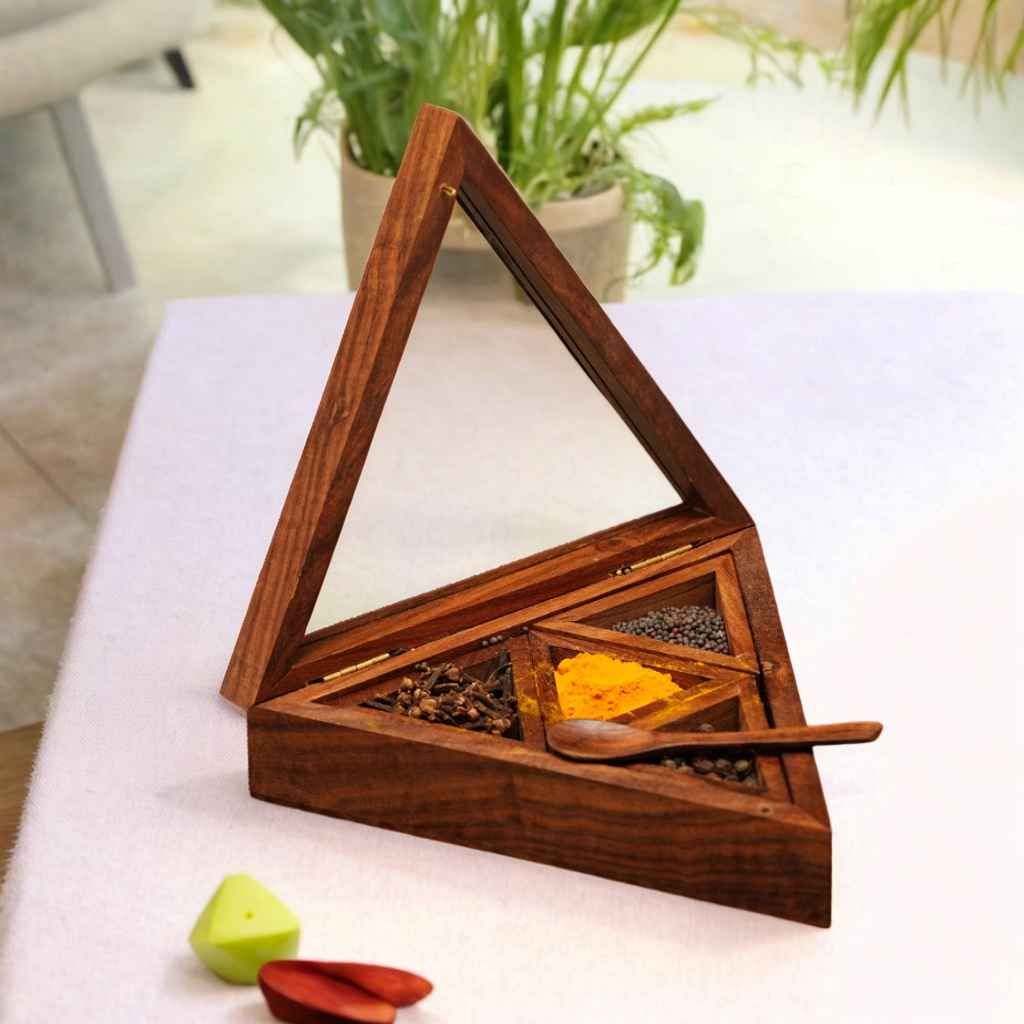 Wooden Handmade Masala box mulipurpose  triangle shapes