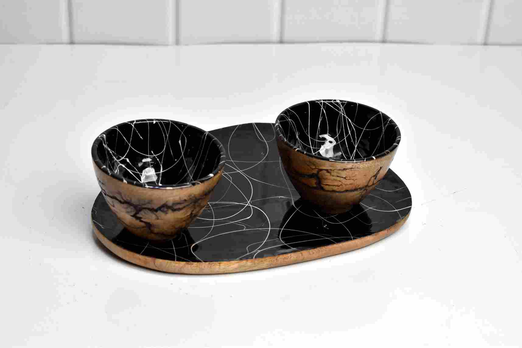 Mango Wood Fractal Burn Bowls & Platter for Soup & Snacks