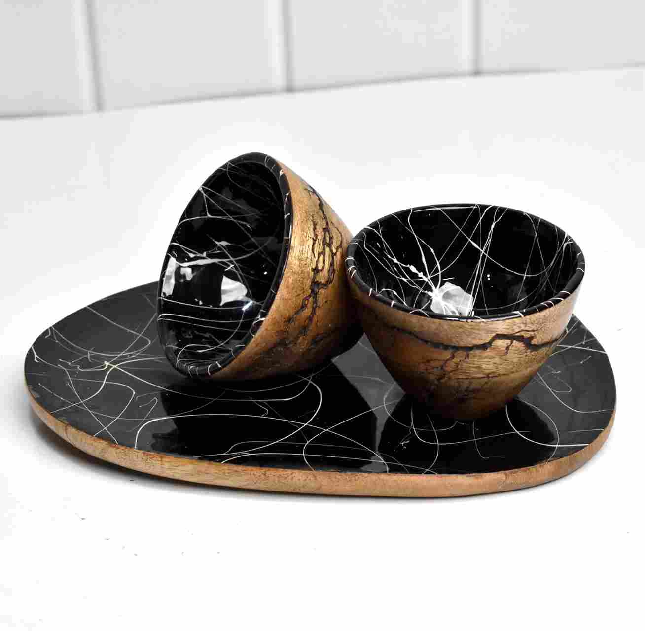 Mango Wood Fractal Burn Bowls & Platter for Soup & Snacks