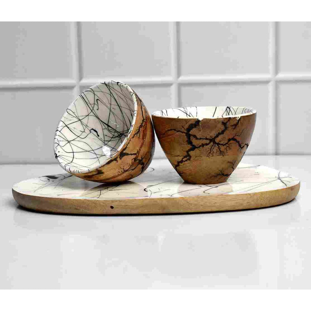 Mango Wood Handmade Bowls with Platter Crackle Design