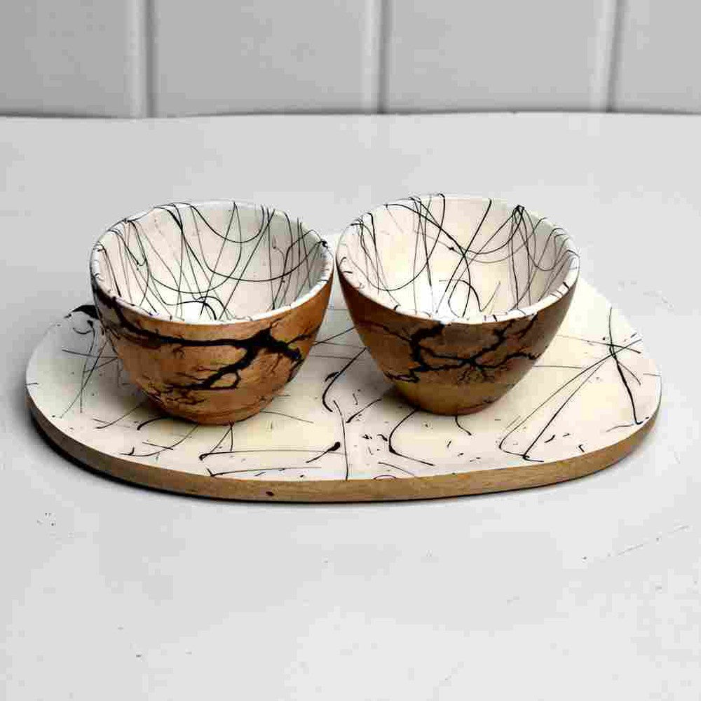 Mango Wood Handmade Bowls with Platter Crackle Design