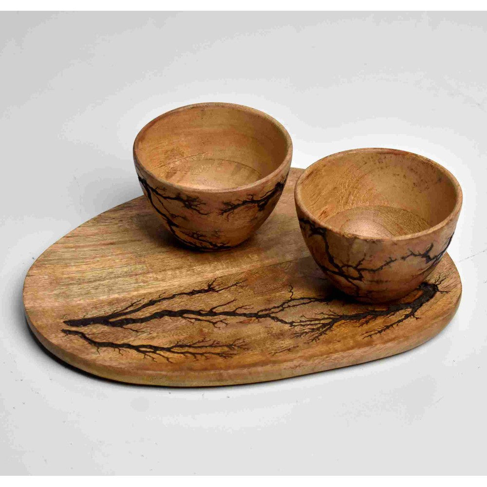 Mango Wooden Tray Cum Platter with 2 Small Soup Bowls