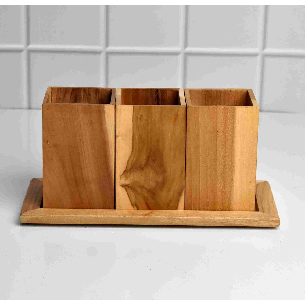 3 Container Teak Wood Desk Organizer Office Pen/Pencil Cutlery Spoon Holder