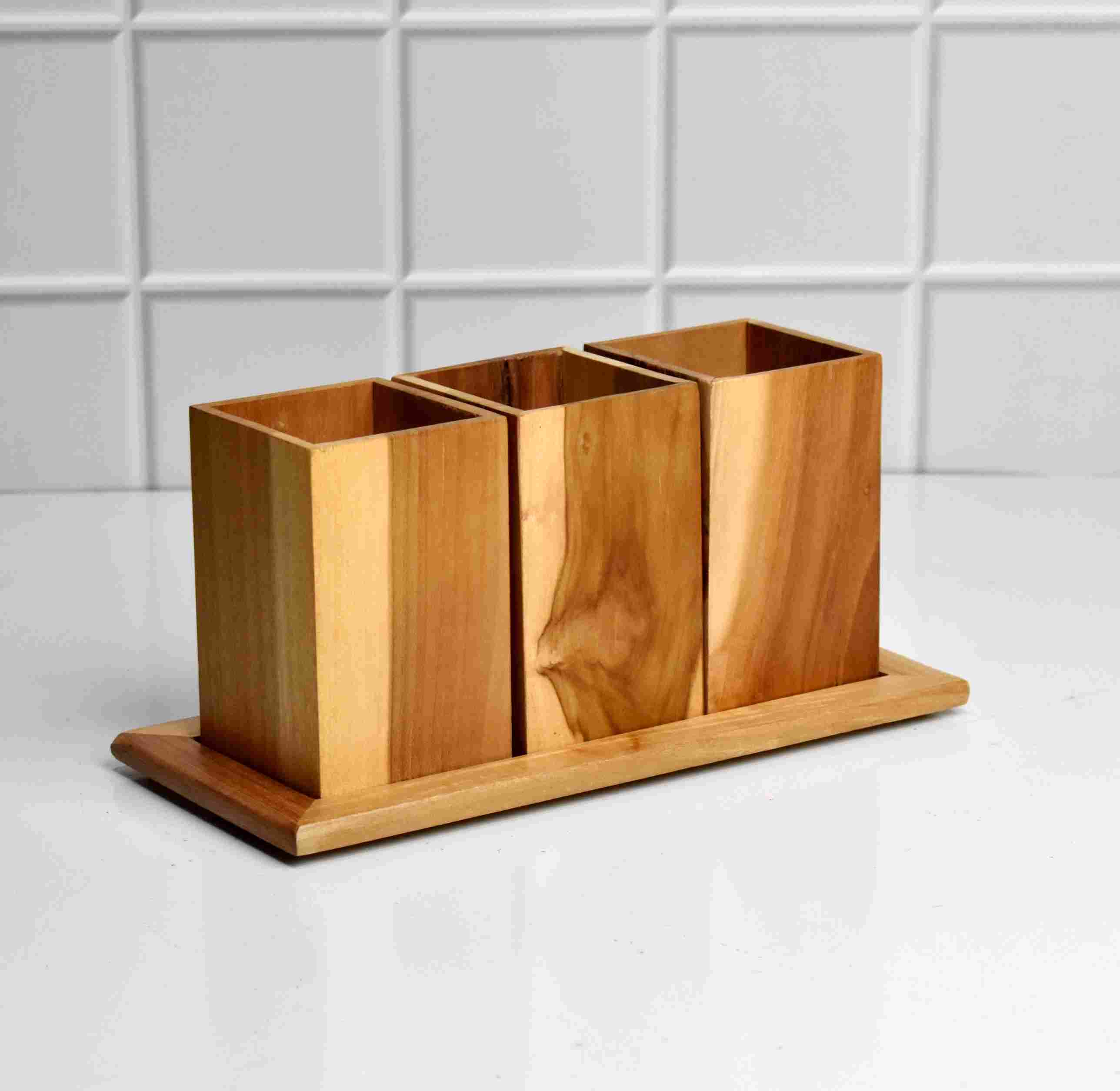 3 Container Teak Wood Desk Organizer Office Pen/Pencil Cutlery Spoon Holder