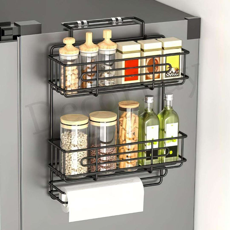 Refrigerator Broad-Side Spice Rack, Kitchen Storage Organizer with Napkin Roll Holder