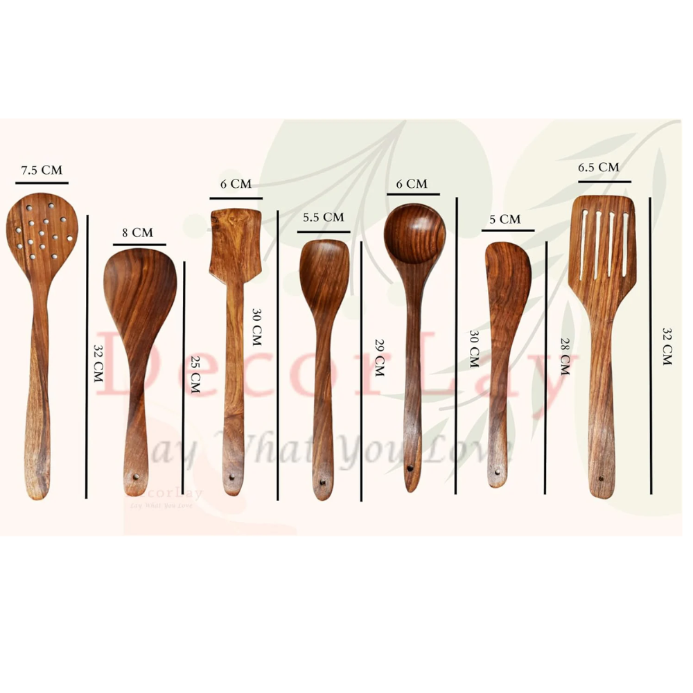 Non-Stick Wooden Natural Cooking and Serving Spoon Set of 7