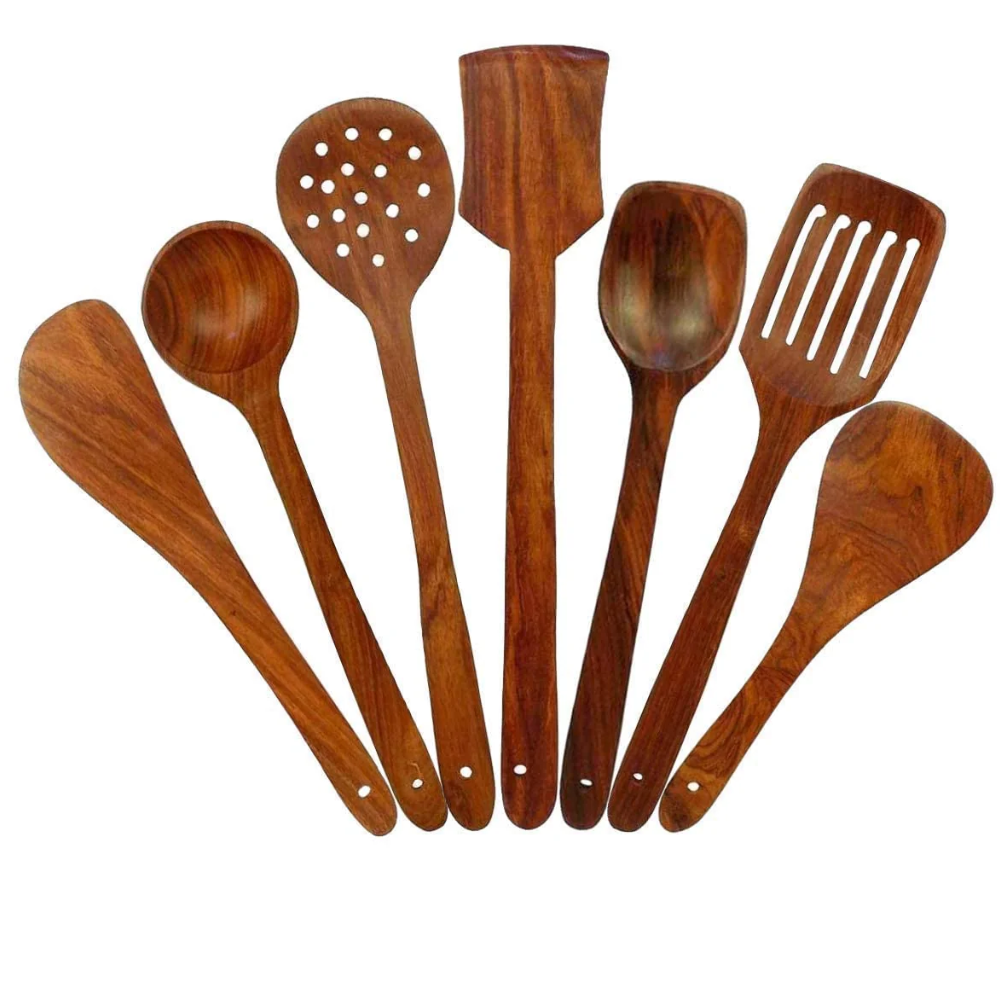 Non-Stick Wooden Natural Cooking and Serving Spoon Set of 7