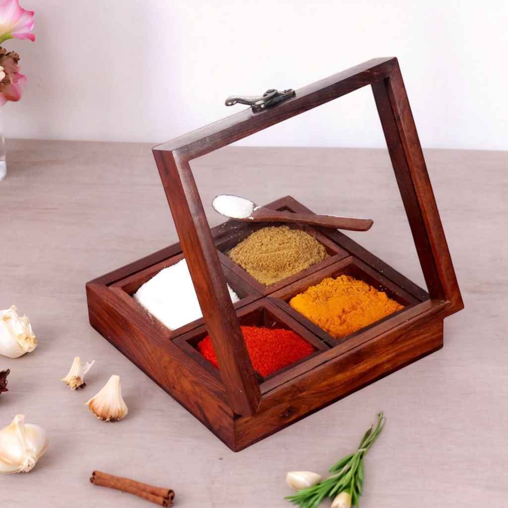 Sheesham Handmade Wooden Spice Box  15.2 x 15.2 x 5.1 cm