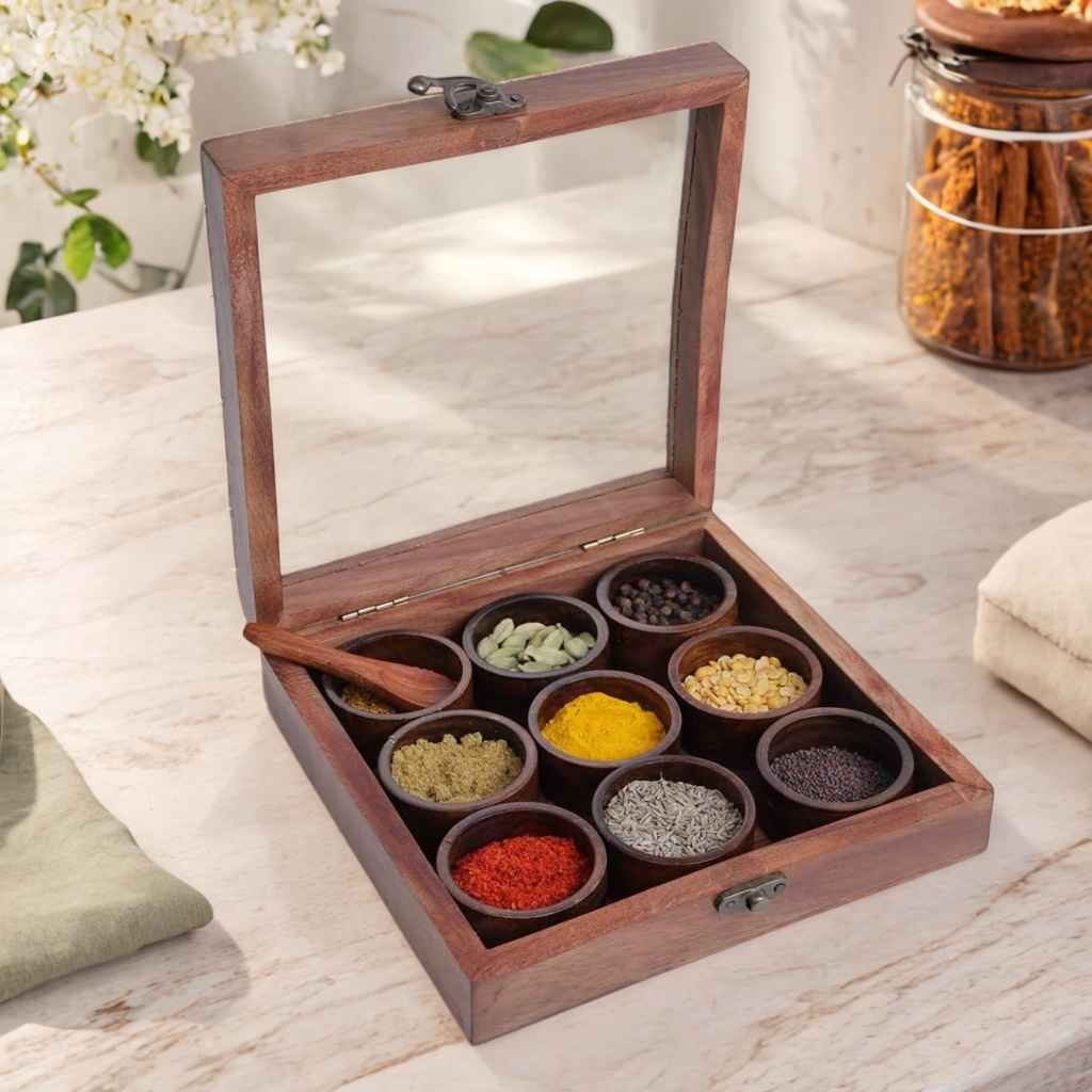 Wooden Spice Box with Spoon in Sheesham Wood for Kitchen 9 Containers