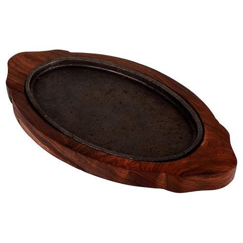 Cast Iron sizzler Plates with Wooden Base, Oval sizzler Tray, Platter - Decorlay