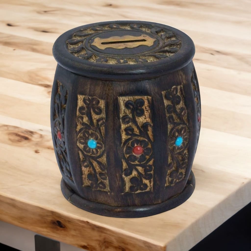 Handmade Wooden Barrel Money Piggy Bank Coin Box