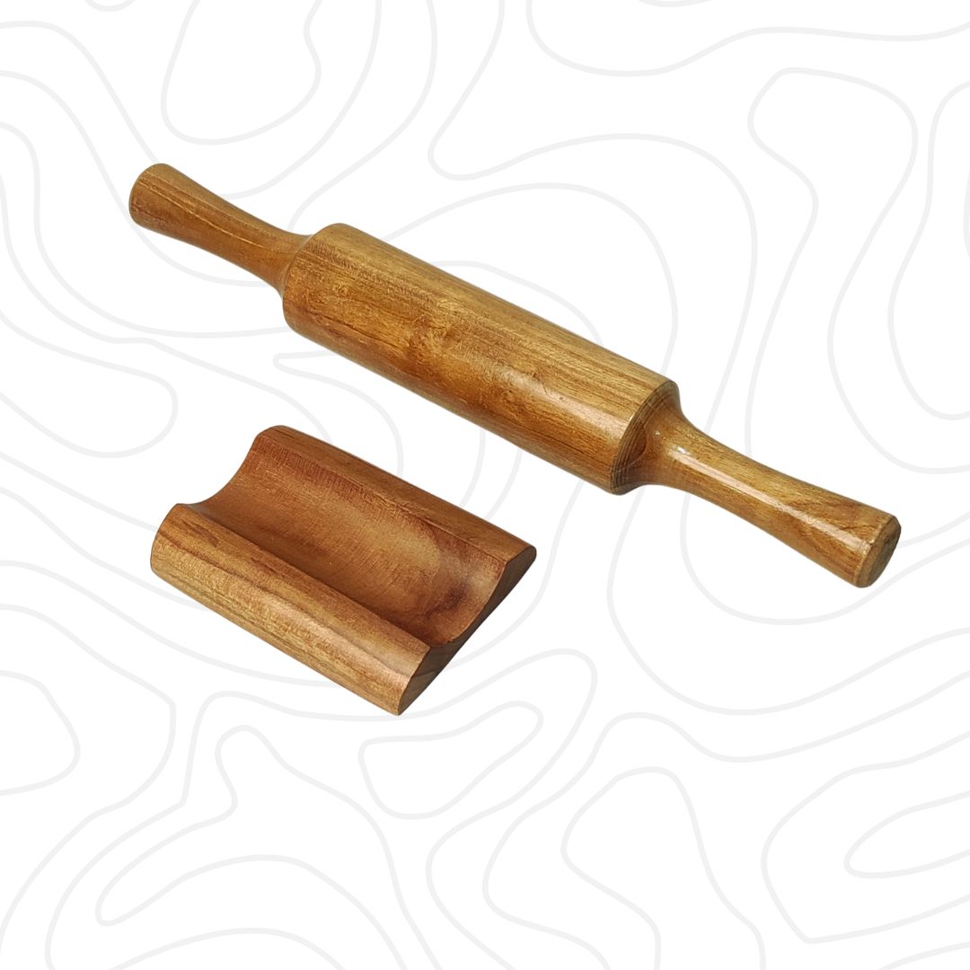 Teak Wood Belan with Stand, Rolling Pin with Holder