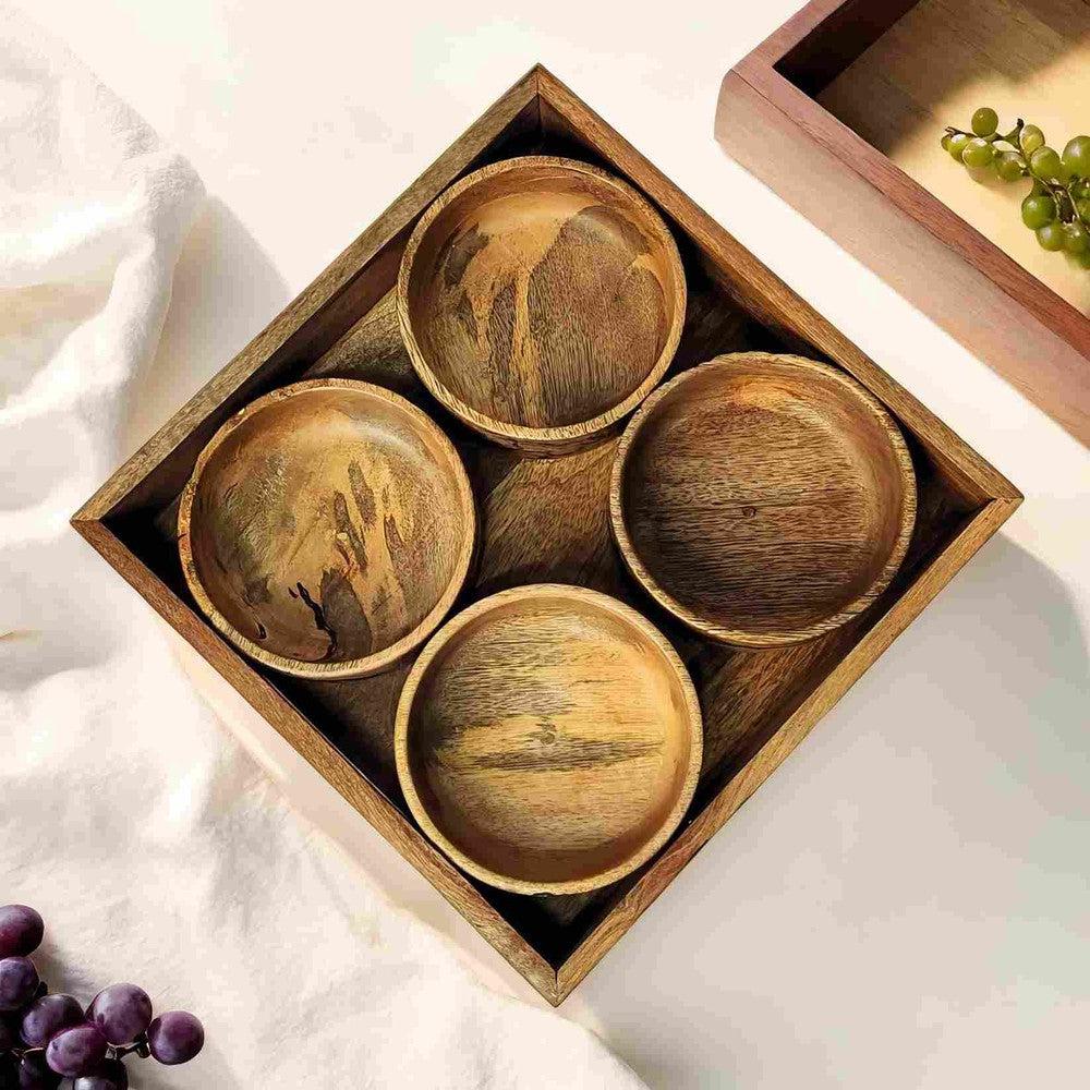 Mango Wood Crackle Design Serving Tray with 4 Bowls Set