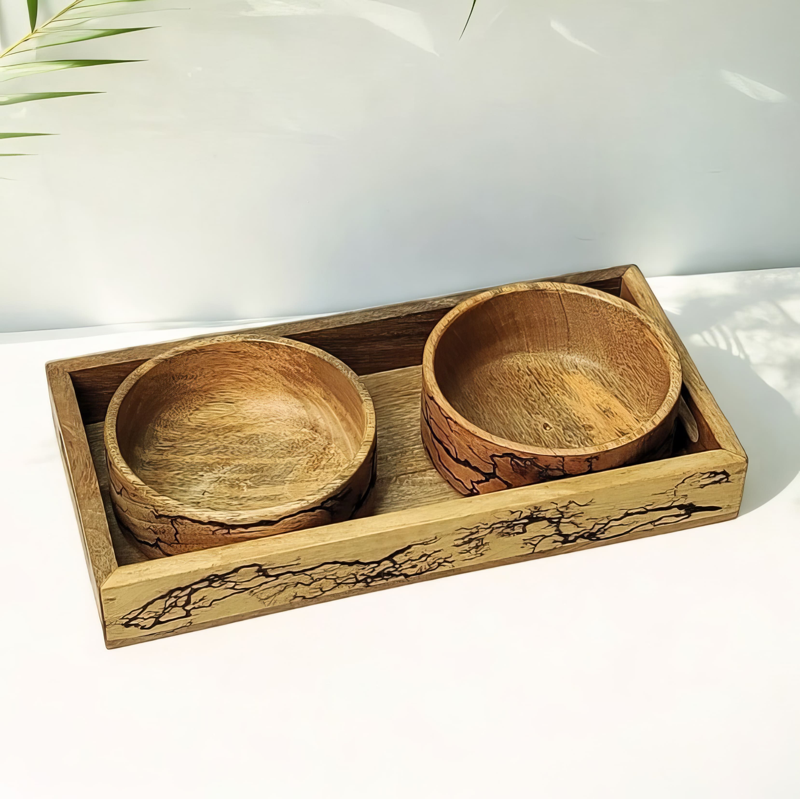 Mango Wood Crackle Design Serving Tray with 2 Bowls Set