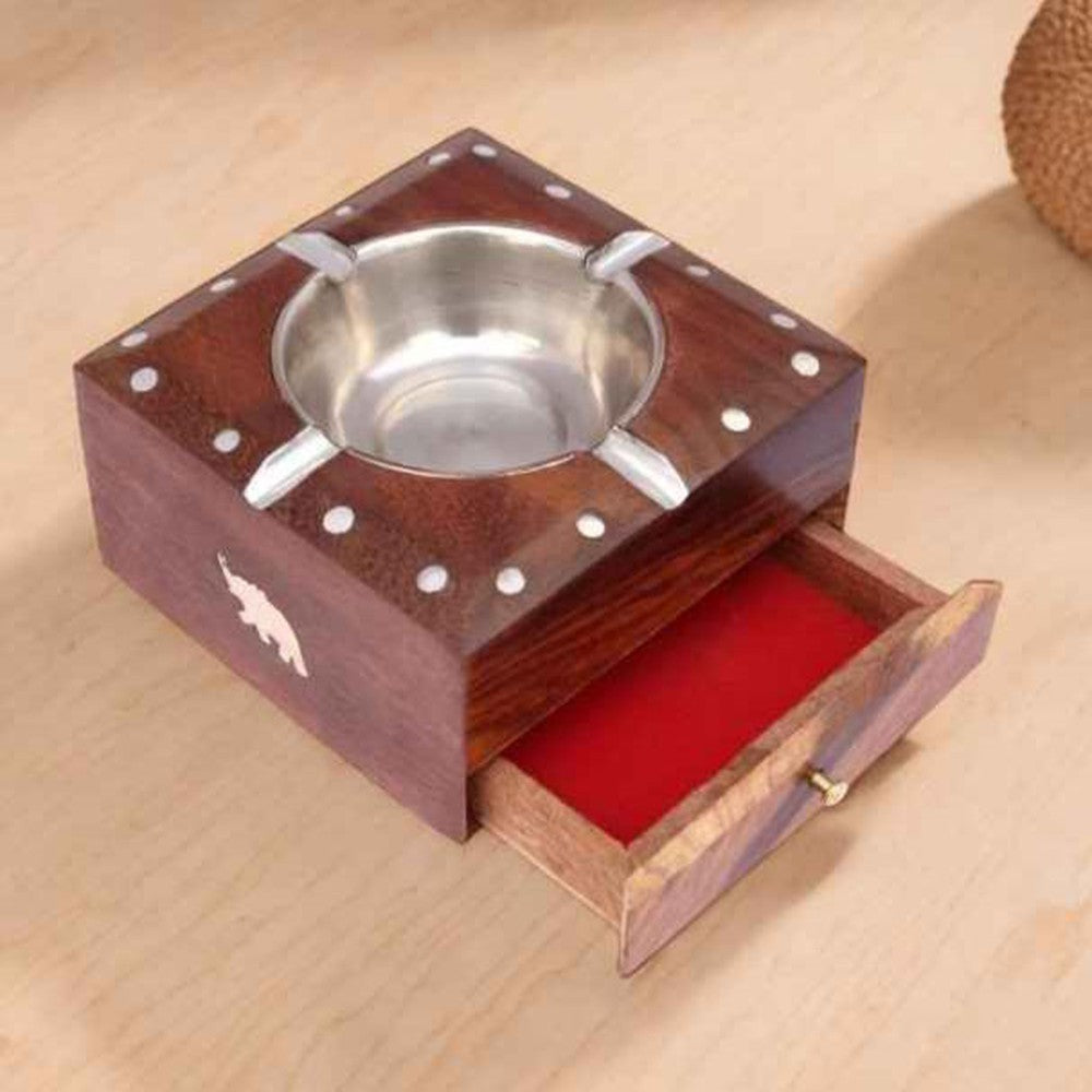 Wooden Ashtray with Cigarette Stand Uses in House/Office 11.5 x 13 x 6 cm