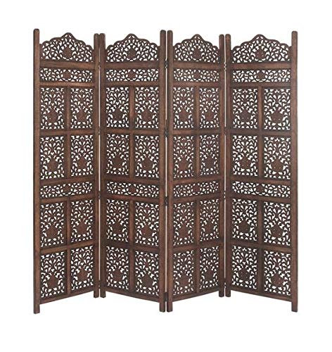 Multipurpose 4 Panels Hand Carved Wooden Partitions Room Divider Partition for Living Room