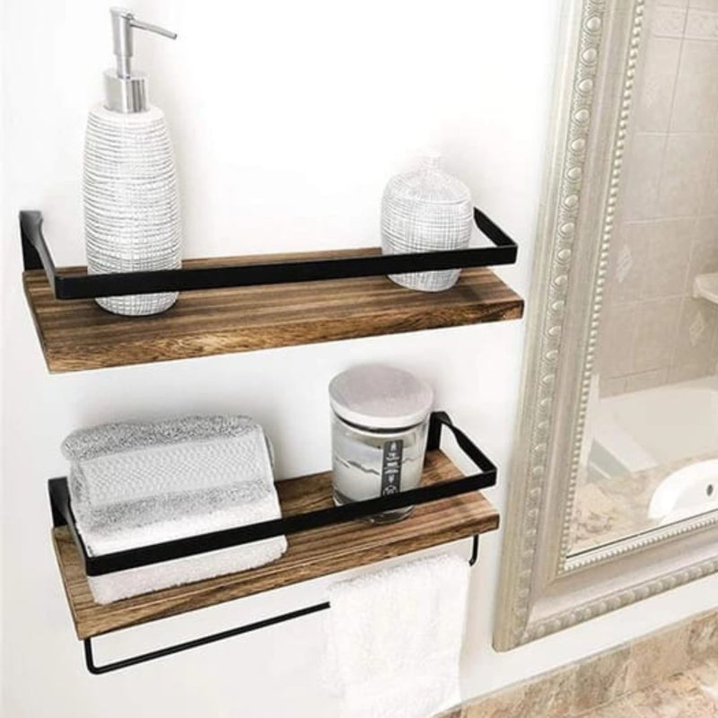 Wooden Floating Wall Mounted Shelf with Towel Rack Shelves Rustic Storage Shelves