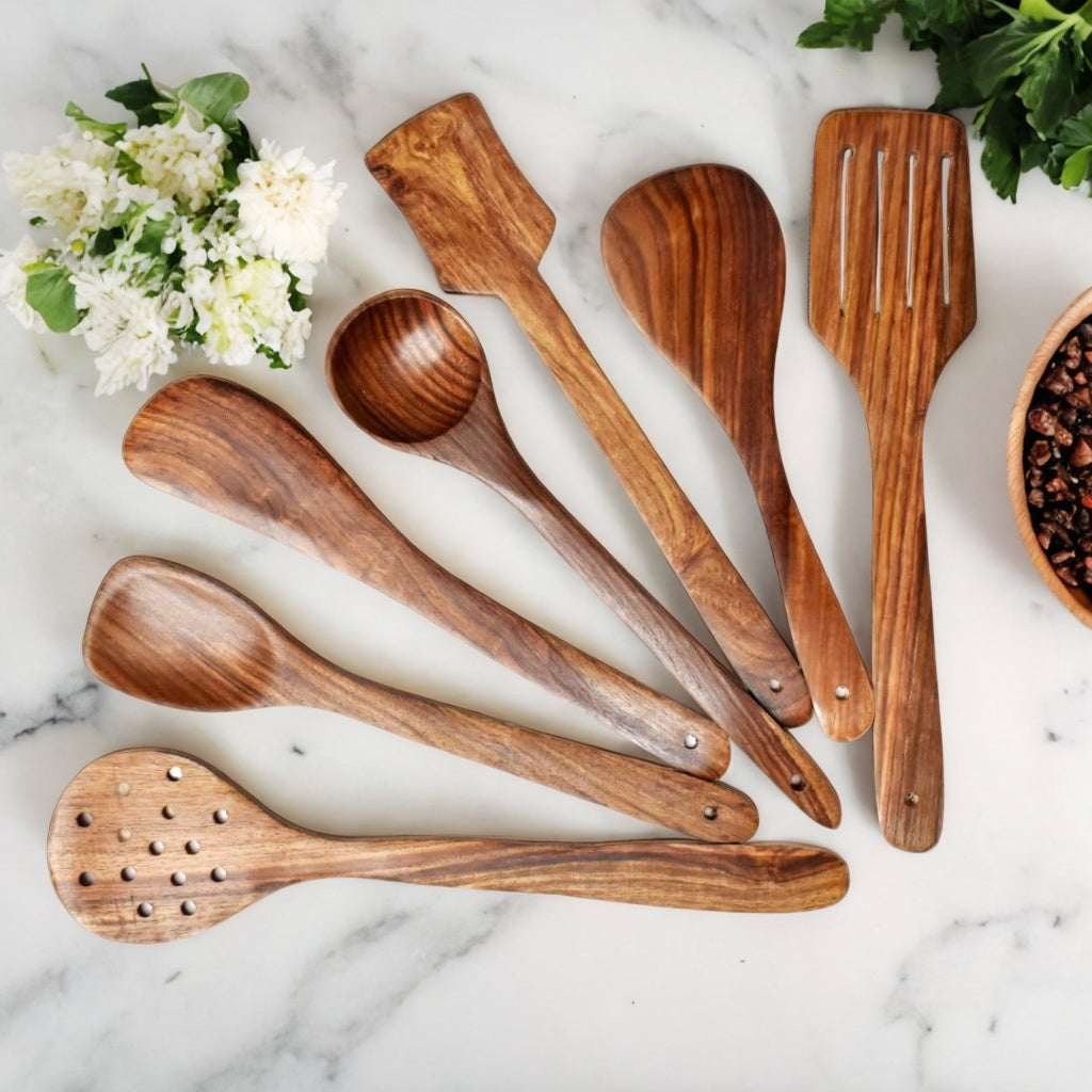 Non-Stick Wooden Natural Cooking and Serving Spoon Set of 7