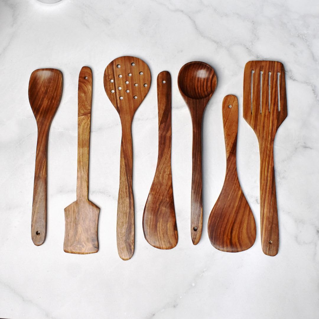 Non-Stick Wooden Natural Cooking and Serving Spoon Set of 7