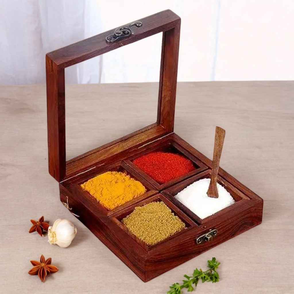 Sheesham Handmade Wooden Spice Box  15.2 x 15.2 x 5.1 cm