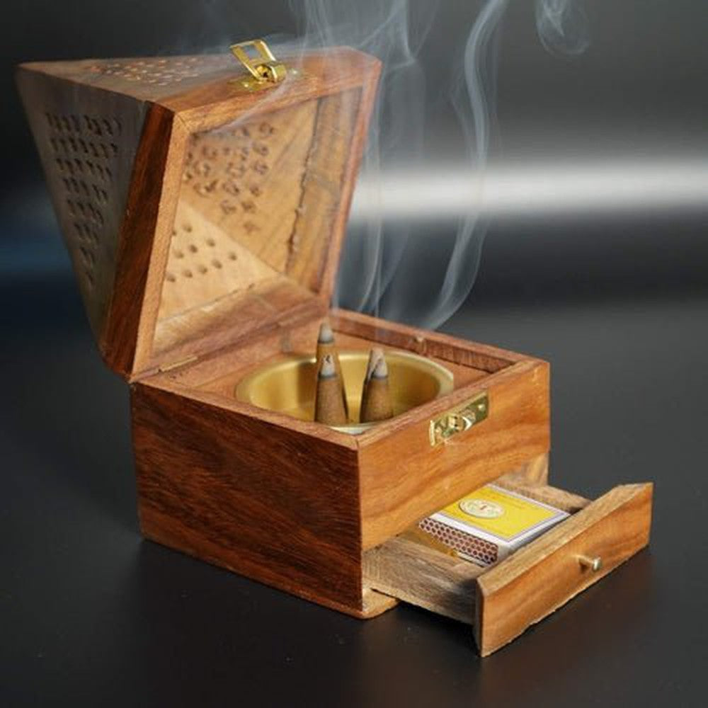 Handmade Sheesham Wooden Incense Box Holder/Dhoop Stand Ash Catcher - Decorlay