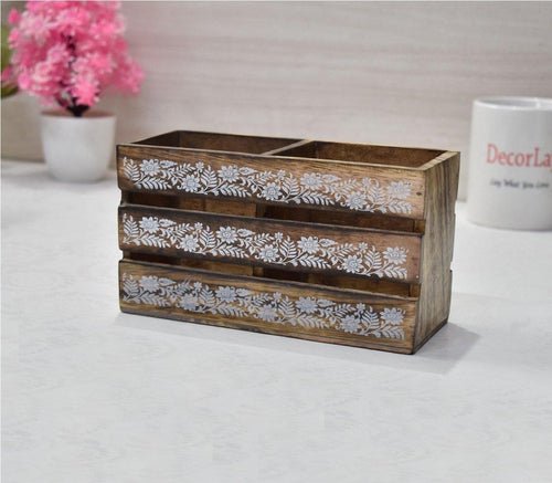 Handmade Wooden 2 compartments Cutlery Holder Storage Box - Decorlay