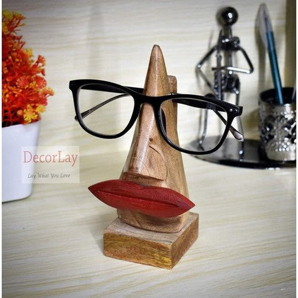 Handmade Wooden Nose Shaped with Mustache Spectacle Holder 4x2.5x6.5 Inches - Decorlay