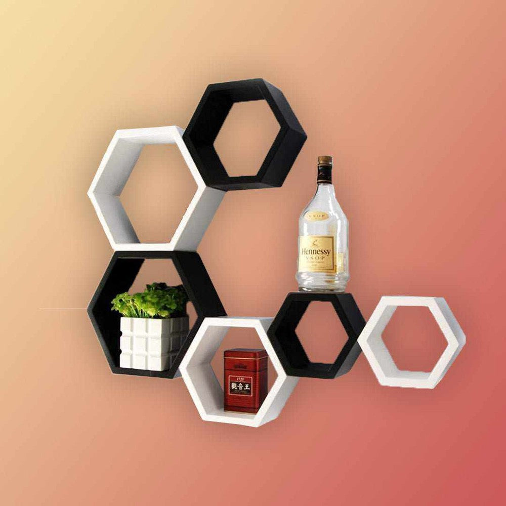 Hexagon Wall Shelves Wooden Shelf Home Decor Items Rack (Set of 6) - Decorlay