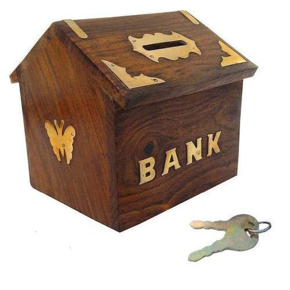 Hut Shape Wooden Money Box with Lock Piggy Bank Coin Box - Decorlay