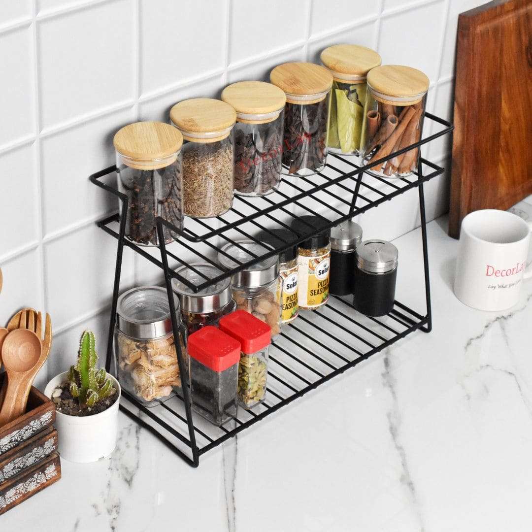 Iron 2-Tier Space Saving Spice Storage Kitchen Shelves 28x15x37cm - Decorlay